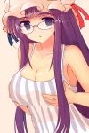  bad_id breast_grab breast_hold breasts camisole glasses hat long_hair open_mouth patchouli_knowledge purple_eyes purple_hair solo touhou violet_eyes yodori 
