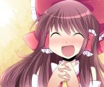  ^_^ aenobas blush bow brown_hair closed_eyes commentary_request detached_sleeves eyes_closed face hair_bow hair_tubes hakurei_reimu hammer_(sunset_beach) hands_clasped long_hair open_mouth smile solo touhou 