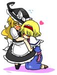  alice_margatroid apron blush bow capelet closed_eyes cross-laced_footwear eyes_closed hairband hat hat_bow heart kirisame_marisa long_hair multiple_girls open_mouth reio sash short_hair short_sleeves touhou white_background witch_hat yellow_eyes 