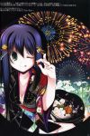  :p ;p absurdres bent_over breasts cleavage collarbone copyright_request fireworks floral_print flower green_eyes highres holding japanese_clothes kimono long_hair purple_hair scan solo tenmu_shinryuusai tongue translation_request wink 
