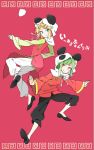  2girls animal_hat aqua_eyes back-to-back bad_id blonde_hair china_dress chinese_clothes green_hair gumi hair_ornament hairclip hat kagamine_rin looking_at_viewer miy multiple_girls outstretched_arms panda_hat red_eyes short_hair simple_background smile vocaloid yie_ar_fan_club_(vocaloid) 