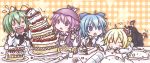  cake chibi cirno closed_eyes crumbs eating eyes_closed food fruit highres knife multiple_girls mystia_lorelei o_o rumia spill strawberry takanoru team_9 touhou wriggle_nightbug 