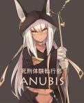  animal_ears anubis character_name collarbone holding hood long_hair looking_at_viewer monorino navel original silver_hair simple_background solo tan yellow_eyes 