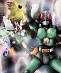  1boy 1girl antennae arm_cannon belt bow brown_hair crossover female giant_monster godzilla godzilla_(series) hair_bow highres kaijuu kamen_rider kamen_rider_black_rx kamen_rider_black_rx_(series) kazami_shirou_(kaizou-zumi) long_hair male monster pose red_eyes reiuji_utsuho rider_belt short_sleeves third_eye touhou weapon wings 