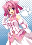  ahoge animal_ears bare_shoulders blush dog_days dog_ears dog_tail dress elbow_gloves gloves hair_ribbon highres millhiore_f_biscotti open_mouth paw_print pink_hair purple_eyes ribbon smile solo tail violet_eyes wizard_erk 