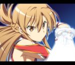  asuna_(sao) bare_shoulders brown_eyes brown_hair detached_sleeves holding letterboxed looking_at_viewer nori_tamago solo sword sword_art_online weapon 