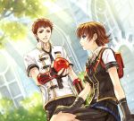  1girl apple backpack bag blue_eyes brown_hair cater_(fft-0) dated eight_(fft-0) final_fantasy final_fantasy_type-0 fingerless_gloves food fruit gloves kaga red_eyes short_hair signature 