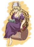  alternate_hairstyle barefoot blonde_hair book crossed_legs dress gioha hair_up legs_crossed open_book purple_dress reading sitting solo touhou towel yakumo_yukari 