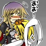  2girls ahoge black_hair blonde_hair blood blush fang gradient_hair hair_ornament hijiri_byakuren long_hair long_sleeves multicolored_hair multiple_girls nosebleed open_mouth puffy_sleeves purple_hair reio shawl short_hair sparkle toramaru_shou touhou translation_request two-tone_hair yellow_eyes 