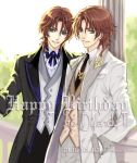  birthday blue_eyes brothers brown_hair formal green_eyes gundam gundam_00 happy_birthday kaga lyle_dylandy multiple_boys neil_dylandy pillar short_hair siblings suit twins watermark web_address 