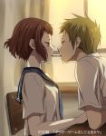  1girl blush brown_hair chair chocolate classroom couple desk food fukube_satoshi hyouka ibara_mayaka open_mouth pink_eyes pocky pocky_kiss profile rito453 school_uniform serafuku shared_food short_hair translated window 