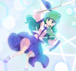 aho detached_sleeves frog_hair_ornament gohei green_eyes green_hair hair_ornament hair_tubes highres kochiya_sanae long_hair navel skirt smile snake_hair_ornament solo touhou