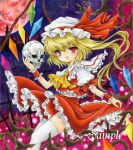  ascot bat blonde_hair chirori flandre_scarlet hat hat_ribbon moon open_mouth puffy_sleeves red_eyes red_moon ribbon short_hair short_sleeves side_ponytail skull solo thigh-highs thighhighs touhou white_legwear wrist_cuffs 