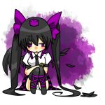  1girl black_hair black_legwear blush cellphone feathers hat himekaidou_hatate long_hair necktie phone puffy_sleeves purple_eyes reio short_sleeves single_wing sitting solo thigh-highs thighhighs tokin_hat touhou twintails very_long_hair violet_eyes wings 