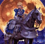  absurdres ahoge armor armored_dress avalon_(fate/stay_night) binding_discoloration blonde_hair blue_eyes braid castle fate/stay_night fate_(series) french_braid full_moon gauntlets hair_ribbon highres horse horseback_riding moon night night_sky ribbon saber sky sword weapon yasuda_akira yellow_moon 