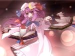  blush book bow capelet chen_okami crescent daidai_ookami hair_bow hat highres long_hair long_sleeves open_mouth patchouli_knowledge purple_eyes purple_hair solo touhou violet_eyes wide_sleeves 