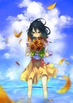  black_hair blue_eyes blurry bouquet cloud clouds depth_of_field dress flower long_hair messy_hair nora_(kukumaka23) original skirt sleeveless solo sunflower wading water 