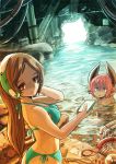  bikini blue_bikini brown_hair cable character_request copyright_request highres horns long_hair monster_girl multiple_girls partially_submerged pointy_ears red_eyes red_hair redhead short_hair side-tie_bikini smile sonjow4 swimsuit wire 