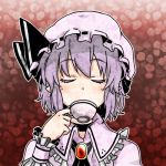  closed_eyes cup drinking eyes_closed face hat hat_ribbon jewelry lowres maita pointy_ears purple_hair remilia_scarlet ribbon solo teacup touhou wrist_cuffs 