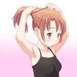  adjusting_hair armpits arms_up blush brown_eyes brown_hair collarbone copyright_request meow_(nekodenki) solo 