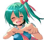  :d blush closed_eyes daiyousei eyes_closed fairy_wings foreshortening green_hair kuromu_(underporno) long_hair necktie open_mouth pointing pointing_at_viewer side_ponytail smile solo touhou wings 