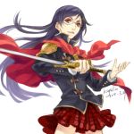  black_hair cape dated final_fantasy final_fantasy_type-0 glasses kaga long_hair miniskirt queen_(fft-0) red_eyes signature skirt solo sword weapon 