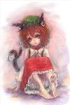  animal_ears barefoot bloomers bowtie brown_hair cat_ears cat_tail chen claws earrings eyelashes faux_traditional_media fingernails hat hiepita_(1014) highres jewelry long_fingernails multiple_tails red_eyes rough short_hair sitting solo tail touhou 