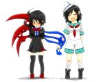  2girls asymmetrical_wings black_hair black_legwear blush bow closed_eyes cross-laced_footwear eyes_closed hat houjuu_nue multiple_girls murasa_minamitsu open_mouth red_eyes reio short_hair short_sleeves thigh-highs thighhighs touhou white_background wings 