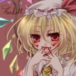  blonde_hair blood crystal fetefeteli flandre_scarlet hat hat_ribbon open_mouth puffy_sleeves red_eyes ribbon short_hair side_ponytail solo touhou wings 