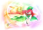  blue_eyes bow braid chankodining_waka chinese_clothes hair_bow hat hat_removed headwear_removed highres hong_meiling long_hair red_hair redhead short_sleeves solo stance star touhou twin_braids very_long_hair 