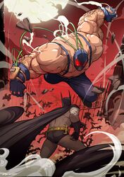  2boys bat batman batman_(series) battle body_hair cape dc_comics dcwj epic fighting fingerless_gloves gate gloves highres knightfall manly mask moon muscle steroids veins you_gonna_get_raped 