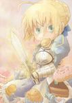  ahoge armor armored_dress blonde_hair cake chibi cookie doughnut dress excalibur fate/zero fate_(series) food green_eyes hair_ribbon mouth_hold ribbon saber solo sweets sword tyokopan weapon 