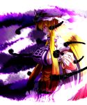  blonde_hair bow breasts darkness hat highres large_breasts long_hair long_sleeves profile red_eyes ribbon smile solo touhou yakumo_yukari yuuki_(yukigeshou_hyouka) 