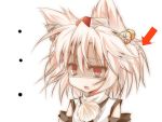  1girl animal_ears bags_under_eyes chen_okami daidai_ookami detached_sleeves hair_ornament hat highres inubashiri_momiji open_mouth price_tag red_eyes short_hair silver_hair slit_pupils solo tokin_hat touhou white_background wolf_ears 