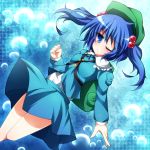  backpack bag blue_eyes blue_hair bubble hair_bobbles hair_ornament hat kawashiro_nitori midriff short_hair smile solo taku10 touhou twintails underwater wink 