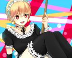  1boy alternate_costume blonde_hair broom choker crossdressinging dress earrings enmaided fang fate/stay_night fate_(series) gilgamesh jewelry maid maid_headdress open_mouth red_eyes short_hair smile thigh-highs thighhighs 