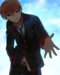  belt brown_hair foreshortening jamijami little_busters!! looking_at_viewer male natsume_kyousuke navel outstretched_hand red_eyes school_uniform short_hair solo 