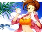  brown_eyes brown_hair itou_nonoha jacket looking_at_viewer navel open_mouth palm_tree phi_brain_puzzle_of_god solo towel tree wink 