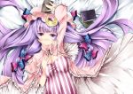  blush book breasts crescent dress hair_ribbon hat long_hair looking_at_viewer lying on_back patchouli_knowledge purple_eyes purple_hair ribbon solo striped striped_dress sugiyuu touhou vertical_stripes violet_eyes 