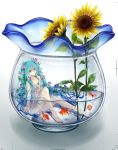  aqua_eyes aqua_hair barefoot blacksio dress feet fish fishbowl flower goldfish hair_flower hair_ornament hatsune_miku highres in_container long_hair looking_at_viewer morning_glory nail_polish partially_submerged sitting solo sunflower toenail_polish twintails very_long_hair vocaloid water 