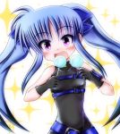  1girl bare_shoulders belt blue_hair blush buckle candy fang gloves hair_ribbon lollipop lyrical_nanoha mahou_shoujo_lyrical_nanoha mahou_shoujo_lyrical_nanoha_a&#039;s mahou_shoujo_lyrical_nanoha_a&#039;s_portable:_the_battle_of_aces mahou_shoujo_lyrical_nanoha_a's mahou_shoujo_lyrical_nanoha_a's_portable:_the_battle_of_aces material-l multicolored_hair oimotti open_mouth purple_eyes ribbon sleevesless solo sparkle swirl_lollipop twintails two-tone_hair violet_eyes 