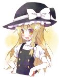  :d blonde_hair blush bow braid fang hands_on_hips hat hat_bow kirisame_marisa long_hair meito_(maze) open_mouth rough single_braid smile solo touhou witch_hat yellow_eyes 