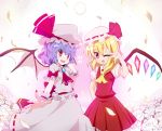  aho ascot bat_wings blonde_hair blue_hair cross crystal fang flandre_scarlet hat hat_ribbon highres jewelry moon multiple_girls open_mouth petals puffy_sleeves red_eyes remilia_scarlet ribbon short_hair short_sleeves siblings side_ponytail sisters touhou v wings wink wrist_cuffs 