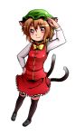 1girl animal_ears black_legwear bow brown_hair cat_ears cat_tail chen earrings hat jewelry long_sleeves maita multiple_tails red_eyes salute short_hair smile solo standing tail thighhighs touhou white_background 