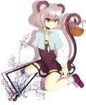  animal animal_ears basket capelet dowsing_rod grey_hair kneeling kuroi_paseri long_sleeves mouse mouse_ears mouse_tail nazrin puffy_sleeves red_eyes smile solo tail touhou 