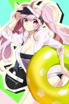  breasts collarbone cutout duffel_bag holding innertube long_hair lowres pink_hair pinky_out polka_dot red_eyes smile sword_girls troly twintails visor_cap 