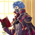  blue_eyes blue_hair book coat dated final_fantasy final_fantasy_type-0 gloves kaga kurasame mask reading signature solo 