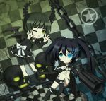  2girls black_hair black_rock_shooter black_rock_shooter_(character) blue_eyes blue_fire boots chain chains checkered chibi dead_master demon_wings fire green_eyes green_hair highres horns multiple_girls ribbon rubble skull teasing tonee tongue twintails wings wink 