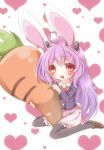  ahoge animal_ears black_legwear blush bunny_ears bunny_tail carrot fetefeteli long_hair long_sleeves open_mouth pink_hair rabbit_ears red_eyes reisen_udongein_inaba solo tail thigh-highs thighhighs touhou very_long_hair 