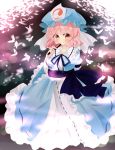  breasts butterfly cherry_blossoms closed_fan fan folding_fan hat highres japanese_clothes long_sleeves obi open_mouth petals pink_eyes pink_hair ribbon saigyouji_yuyuko short_hair solo touhou triangular_headpiece wide_sleeves 